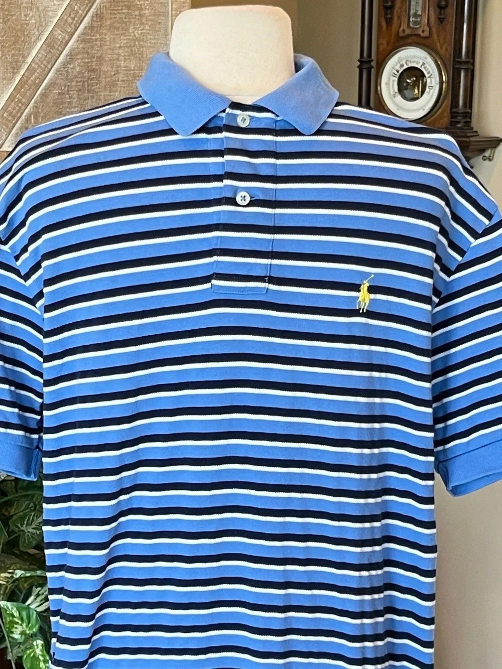 Ralph Lauren Blue with Black and White Striped Polo with Yellow Pony